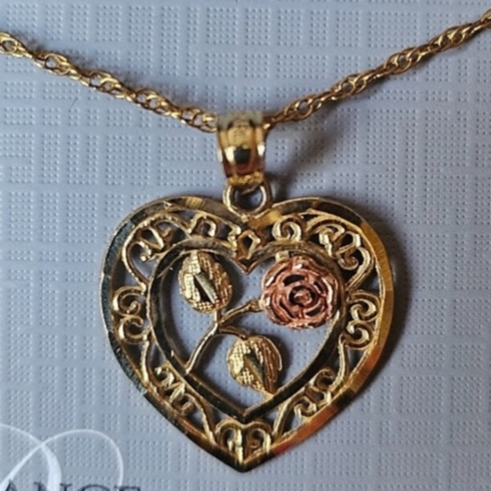 10k YG Rose Heart Pendant & 18" Chain Yellow Gold 10K 10kt 10KT Necklace Charm